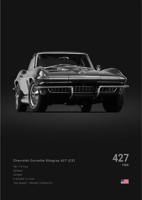 Chevrolet Corvette Stingray 427 (C2) 1966 Poster Photography Art Canvas Painting Print Wall Art Picture Modern Room Decor Gifts